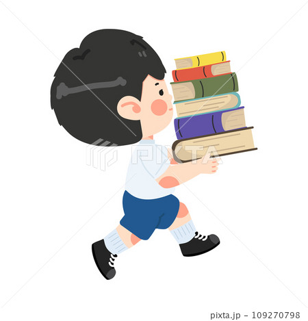 Kid boy student carrying a pile of books Kid boy student carrying a pile of books 109270798