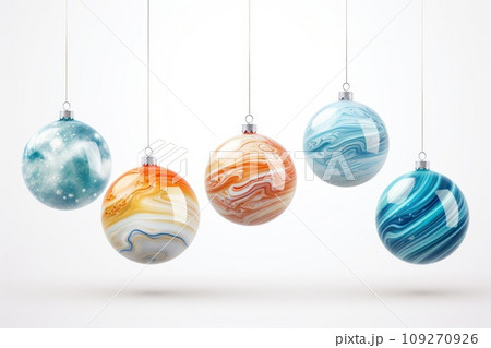 Christmas creative ball like planets solar sistem isolated on white background. Greeting card with copy space. Xmas magic holiday. Christmas creative ball like planets solar sistem isolated on white background. Greeting card with copy space. Xmas magic holiday. 109270926