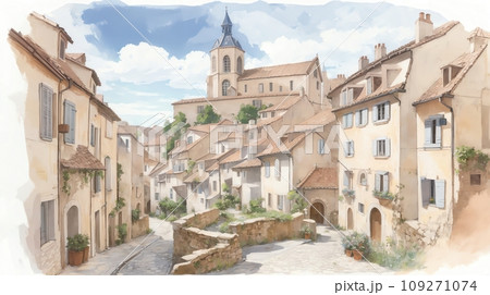 水彩画背景_世界旅行_フランス_中世の街並み_02のイラスト素材