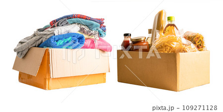 Foodstuff for donation, storage and delivery. Various food, pasta, cooking oil and canned food and cloth in cardboard box. 109271128