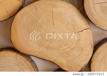 Annual wooden rings decorative pattern interior wall texture decor decoration wood style design abstract background, close-up 109271413