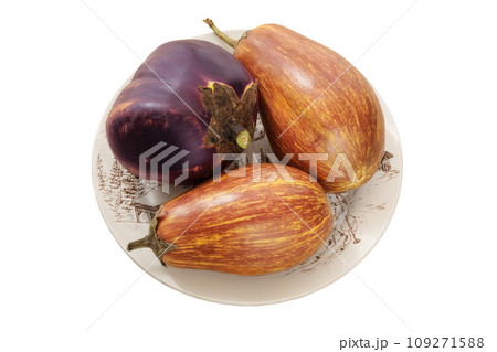 Eggplants in a plate. Isolate on a white background. Various of vegetables. Farming and harvesting. Country style. 109271588