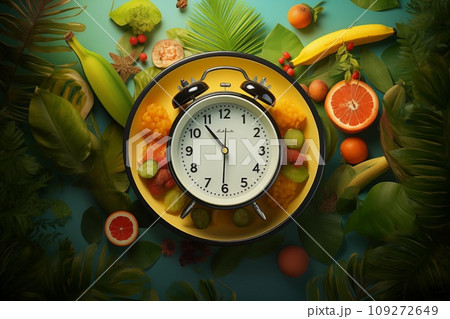 Interval fasting concept. Dietary pattern issues. Nutriciology. Plate, food and clock in a stylish, modern kitchen. AI generated 109272649