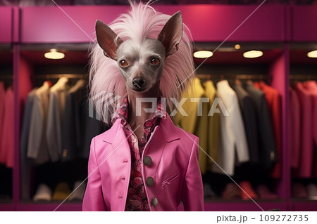 Stylish Chinese Crested dog in pink jacket at clothing store. Concept clothing for dogs, AI generated 109272735