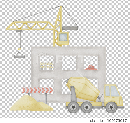 Building Construction Watercolor illustration. Hand drawn clip art of concrete mixer and lifting crane on isolated background. Baby boy t-shirt print. Drawing of hoisting machine and house frame. 109273017
