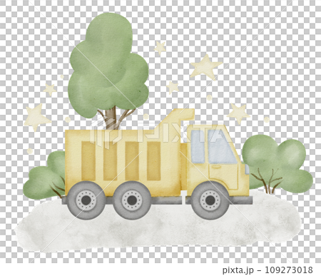 Dump Truck Watercolor illustration. Hand drawn clip art of a Lorry on isolated background. Tipper baby toy for a game. Car drawing for prints on a boys t-shirt and birthday greeting cards. Dump Truck Watercolor illustration. Hand drawn clip art of a Lorry on isolated background. Tipper baby toy for a game. Car drawing for prints on a boys t-shirt and birthday greeting cards. 109273018