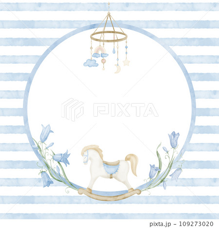 Watercolor Frame for Baby shower cards. Hand drawn illustration for birthday or newborn invitations. Circular Template with retro rocking horse and bell flowers on pastel colors. Border with toys. 109273020