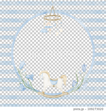 Watercolor Frame for Baby shower cards. Hand drawn illustration for birthday or newborn invitations. Circular Template with retro rocking horse and bell flowers on pastel colors. Border with toys. 109273020
