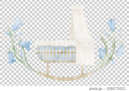 Cradle watercolor illustration. Hand drawn Crib in pastel colors for Baby shower greeting cards or newborn invitations. Drawing of vintage bed for child with blue bell flowers on isolated background. Cradle watercolor illustration. Hand drawn Crib in pastel colors for Baby shower greeting cards or newborn invitations. Drawing of vintage bed for child with blue bell flowers on isolated background. 109273021
