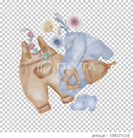 Illustration with baby clothes, beanbag and abstract plants isolated on white background. Hand drawn baby bodysuit and romper. Baby toy in pastel shades. Elements for birthday card or newborn party 109273116