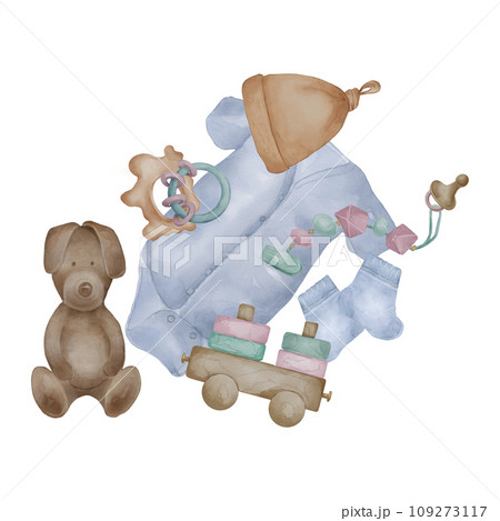 Watercolor illustration with baby clothes and toys isolated on white background. Hand drawn baby bodysuit in neutral color. Painted soft doggie and train. Element for decorating a room newborn 109273117