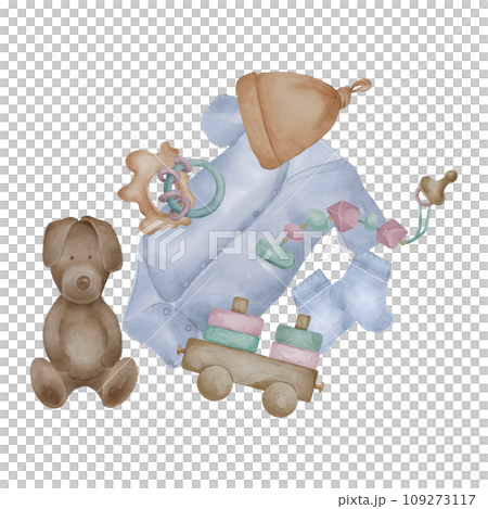 Watercolor illustration with baby clothes and toys isolated on white background. Hand drawn baby bodysuit in neutral color. Painted soft doggie and train. Element for decorating a room newborn 109273117