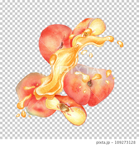 Watercolor illustration with chines flat peaches levitation with splashing juice isolated on white. Fruits and drops painting. Fig peach hand drawn. Design element for package, label, cosmetic, oil 109273128
