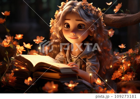 A magic fairy peers into the pages of a spellbook 109273181