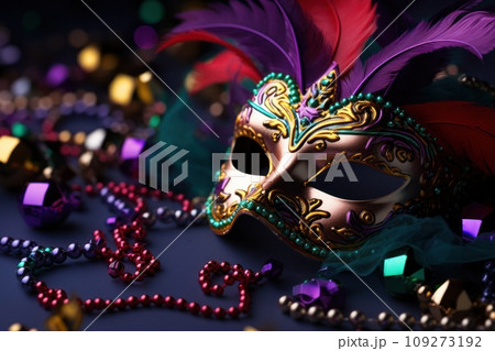 Festive Mardi Gras mask with shiny streamers - masquerade disguise concept. Carnival Party 109273192