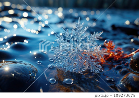Snowflake, crystal beauty close-up on blue background. 109273678