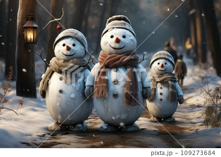 Stunning Christmas Card with Bright Snowmen and Heavy Snowfall 109273684