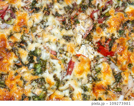 Assorted pizza background. Homemade vegetable pie. Open pie. Caloric nutrition. Pizza with tomatoes, cheese, herbs and eggs. 109273981