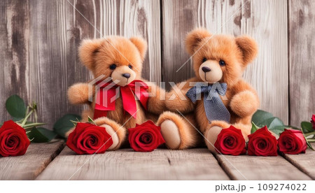 Two Teddy bears on a wooden background with red roses. Greeting card for Valentine's Day, Birthday, Mother's Day Two Teddy bears on a wooden background with red roses. Greeting card for Valentine's Day, Birthday, Mother's Day 109274022