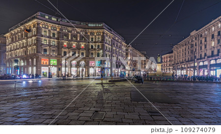 Panorama showing the Cordusio Square night timelapse in Milan 109274079