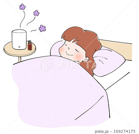 アロマディフューザーをつけながら眠る女性のイラスト アロマディフューザーをつけながら眠る女性のイラスト 109274175