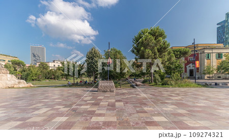 Panorama showing the Skanderbeg memorial and Ethem Bey mosque on the main square in Tirana timelapse, Albania Panorama showing the Skanderbeg memorial and Ethem Bey mosque on the main square in Tirana timelapse, Albania 109274321