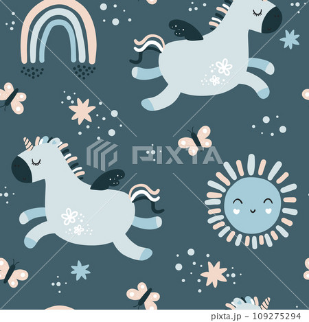 Cute childish seamless repeating childish pattern with cute unicorns  109275294