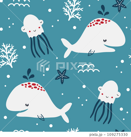Cute seamless pattern with creative and colorful whales octopus. Cute seamless pattern with creative and colorful whales octopus. 109275330