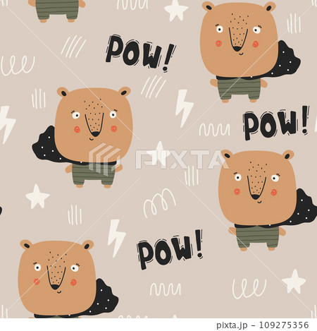 Cute childish simple pattern with bear superhero. Kids pattern with superhero.  109275356