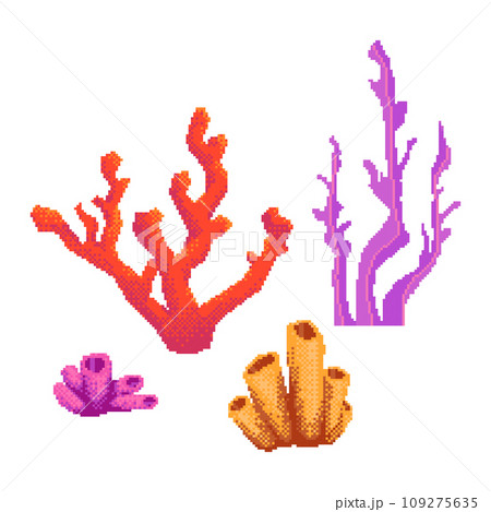 Pixel coral and seaweed set for 8-bit retro style video game or mobile app. 109275635