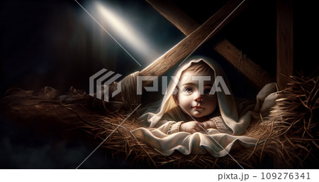Oil painting nativity scene with baby Jesus close up with a sweet and expressive face.Christmas greetings Banner. Generative Ai 109276341