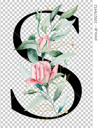 Black letter S with pink watercolor flowers and green and golden leaves, isolated illustration 109276452