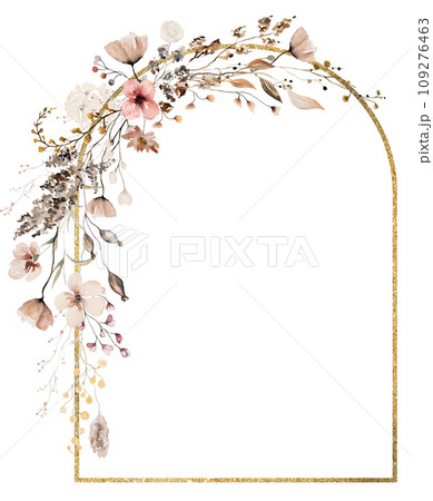 Frame with watercolor autumn brown wild flowers and leaves, wedding illustration Frame with watercolor autumn brown wild flowers and leaves, wedding illustration 109276463