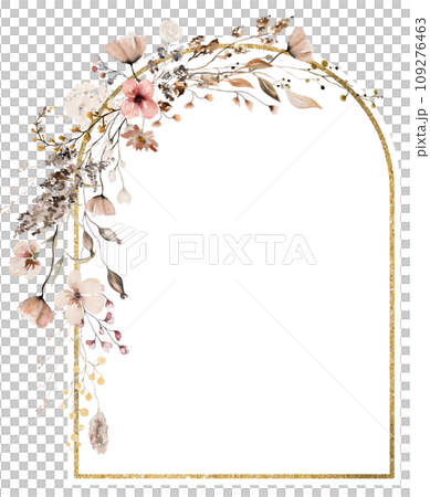 Frame with watercolor autumn brown wild flowers and leaves, wedding illustration 109276463