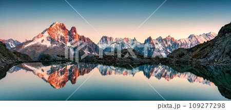 Lac Blanc with Mont Blanc mountain range reflected on lake in the sunset at Haute Savoie, France 109277298