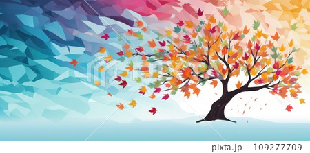 Abstract banner background with a tree featuring colorful leaves. Surreal Stained glass illustration. with copy space. Mockup, design template for cards, greetings, posters, banners. Holiday poster. 109277709