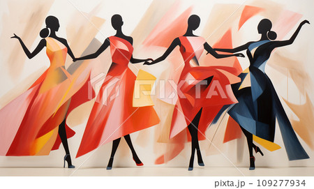 Harmony in Contrast. Stark Dancer Silhouettes Juxtaposed with the Vibrant Chaos of Abstract Artistry 109277934