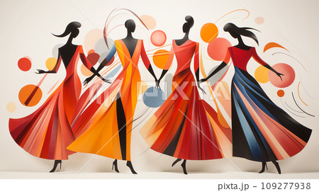 Harmony in Contrast. Stark Dancer Silhouettes Juxtaposed with the Vibrant Chaos of Abstract Artistry 109277938