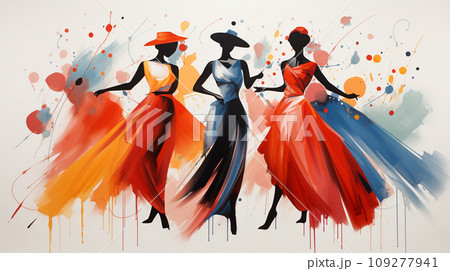 Harmony in Contrast. Stark Dancer Silhouettes Juxtaposed with the Vibrant Chaos of Abstract Artistry Harmony in Contrast. Stark Dancer Silhouettes Juxtaposed with the Vibrant Chaos of Abstract Artistry 109277941