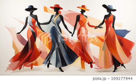 Harmony in Contrast. Stark Dancer Silhouettes Juxtaposed with the Vibrant Chaos of Abstract Artistry 109277944