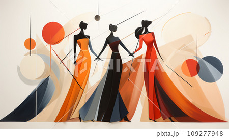 Harmony in Contrast. Stark Dancer Silhouettes Juxtaposed with the Vibrant Chaos of Abstract Artistry 109277948