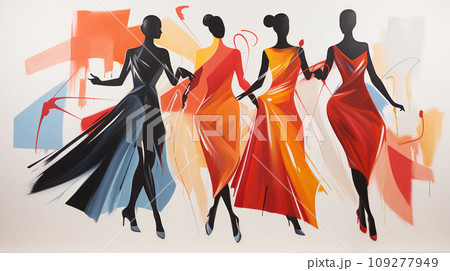 Harmony in Contrast. Stark Dancer Silhouettes Juxtaposed with the Vibrant Chaos of Abstract Artistry 109277949