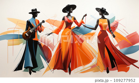 Harmony in Contrast. Stark Dancer Silhouettes Juxtaposed with the Vibrant Chaos of Abstract Artistry 109277952