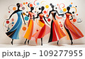 Harmony in Contrast. Stark Dancer Silhouettes Juxtaposed with the Vibrant Chaos of Abstract Artistry 109277955