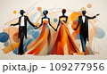 Harmony in Contrast. Stark Dancer Silhouettes Juxtaposed with the Vibrant Chaos of Abstract Artistry 109277956