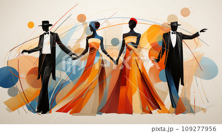 Harmony in Contrast. Stark Dancer Silhouettes Juxtaposed with the Vibrant Chaos of Abstract Artistry 109277956