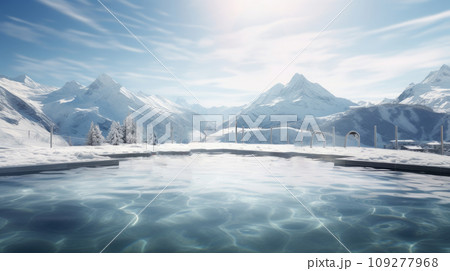 Outdoor swimming pool among the snow against the backdrop of snow-capped mountains at a ski resort, during the winter holidays. Outdoor swimming pool among the snow against the backdrop of snow-capped mountains at a ski resort, during the winter holidays. 109277968
