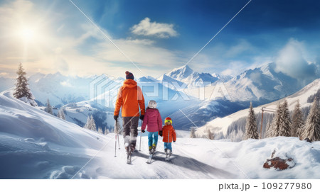 Happy mother with two children walk along snow-capped mountains with a beautiful landscape at a ski resort, during vacation and winter holidays. 109277980