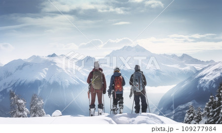 A family of skiers looks at the snow-capped mountains at a ski resort, during vacation and winter holidays. 109277984