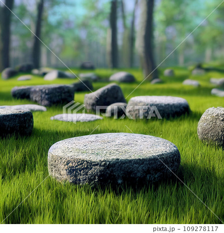 Flat round stone pedestal on the grass realistic 3d illustration, forest on the background scenery, empty product podium in natural environment, green trees around, soft day light Flat round stone pedestal on the grass realistic 3d illustration, forest on the background scenery, empty product podium in natural environment, green trees around, soft day light 109278117